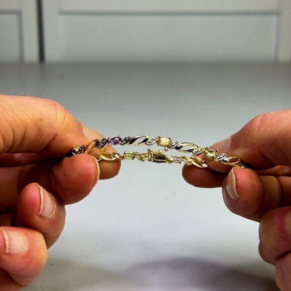 Vermeil Silver Multi-Gemstone Link Gold Color Bracelet With Secure Clasp - Picture 4 of 9